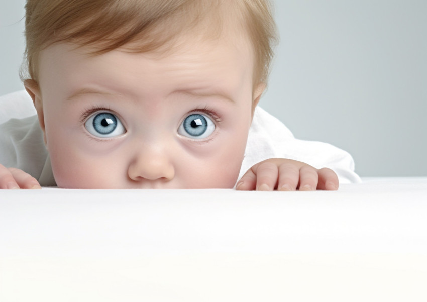 a baby is laying on top of a white surface on white background a baby is laying on top of a white surface on white background