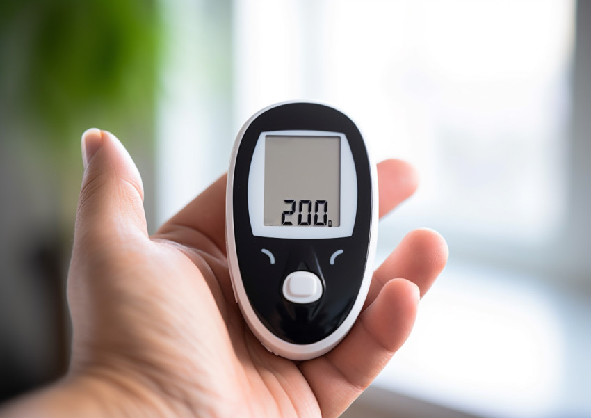 A close-up of a persons hand holding a glucose meter A close-up of a persons hand holding a glucose meter, diabetes concept