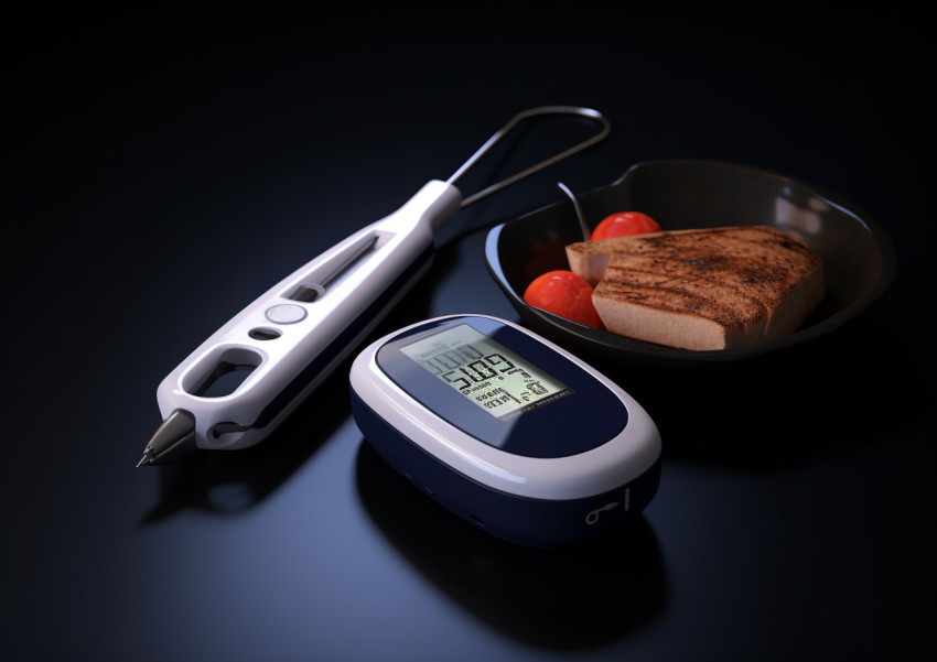 A digital glucometer is placed in front of a dark background A digital glucometer is placed in front of a dark background, diabetes concept