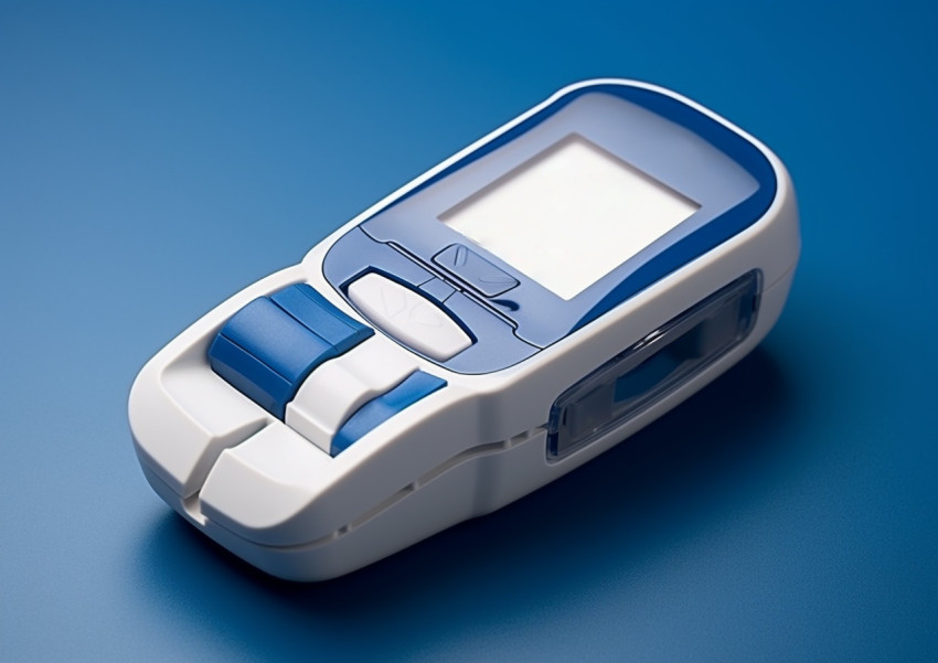 A blue and white glucometer with a digital display A blue and white glucometer with a digital display, diabetes concept