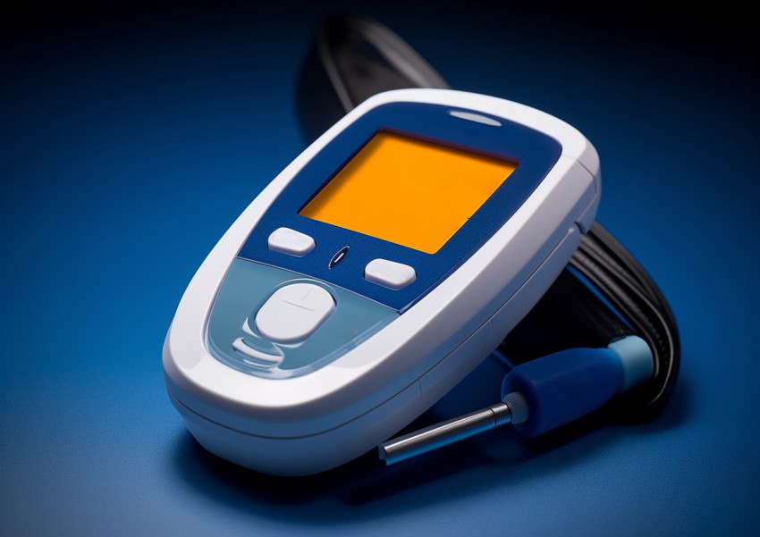 Blue and white glucometer with digital display Blue and white glucometer with digital display, diabetes concept