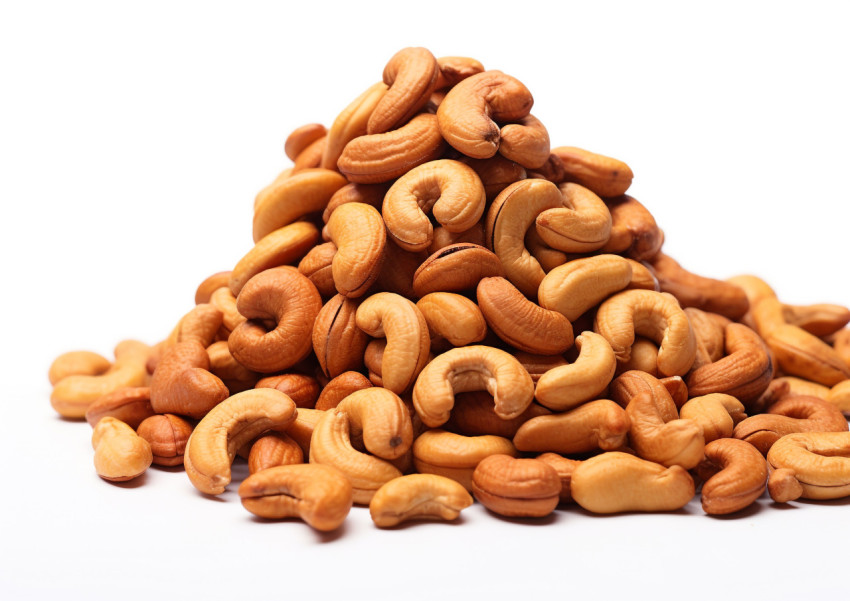The pile of cashews on a white background The pile of cashews on a white background, cashew image