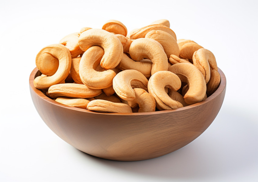 Cashews in a wooden bowl on a white surface Cashews in a wooden bowl on a white surface, cashew image
