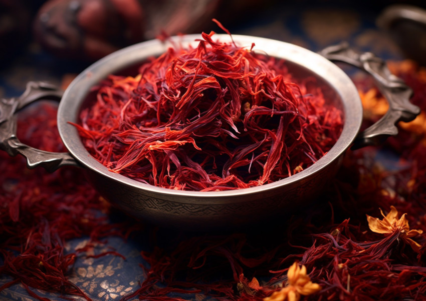 Saffron threads in a simple bowl Saffron threads in a simple bowl, saffron flower image