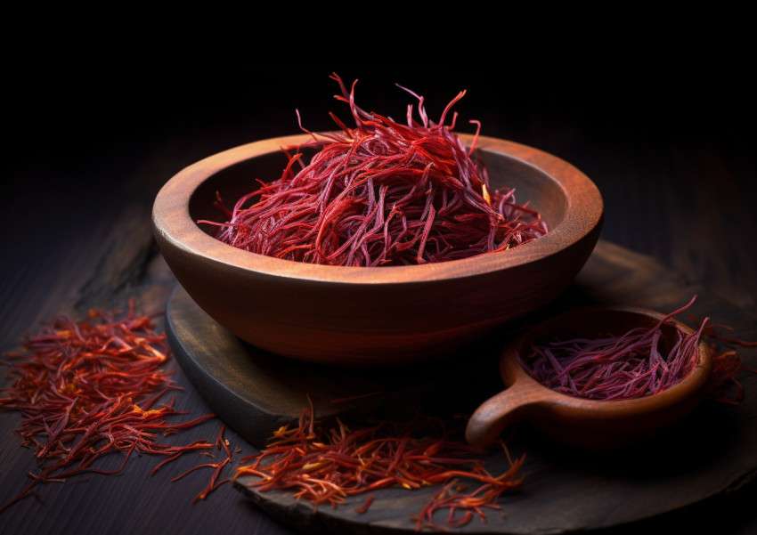 Saffron in a wooden bowl against a dark background Saffron in a wooden bowl against a dark background, saffron flower image