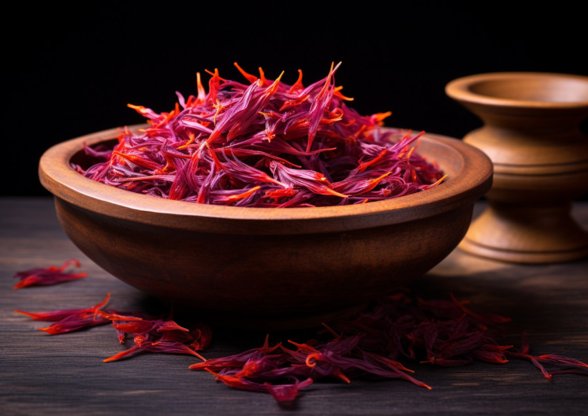 Saffron in a wooden bowl on black background Saffron in a wooden bowl on black background, saffron flower image
