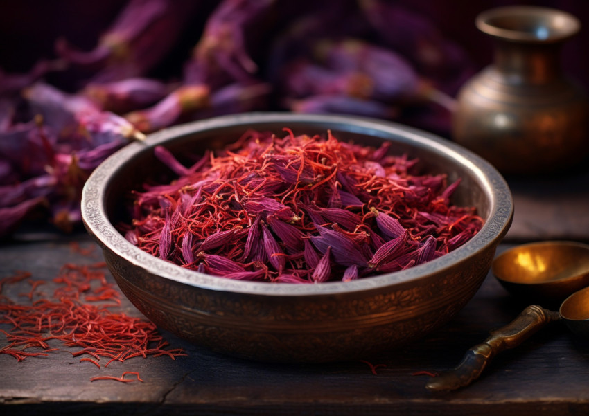 A bouquet of the herb saffron is in a small bowl A bouquet of the herb saffron is in a small bowl, saffron flower image