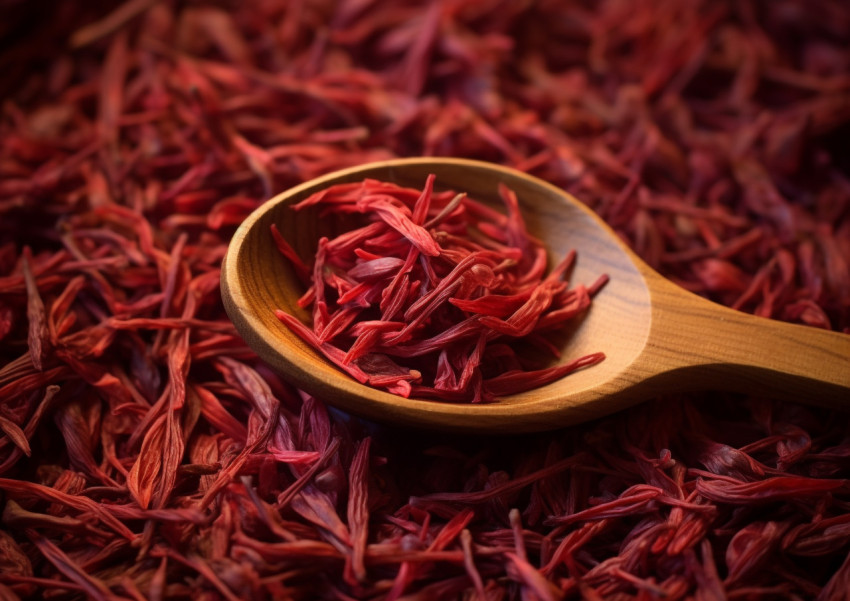 Red saffron leaves on a wooden spoon Red saffron leaves on a wooden spoon, saffron flower imag