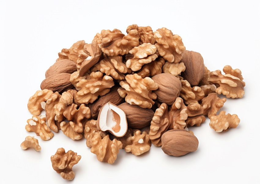Plummed walnuts are smashed up in a heap on a white background Plummed walnuts are smashed up in a heap on a white background, walnuts image