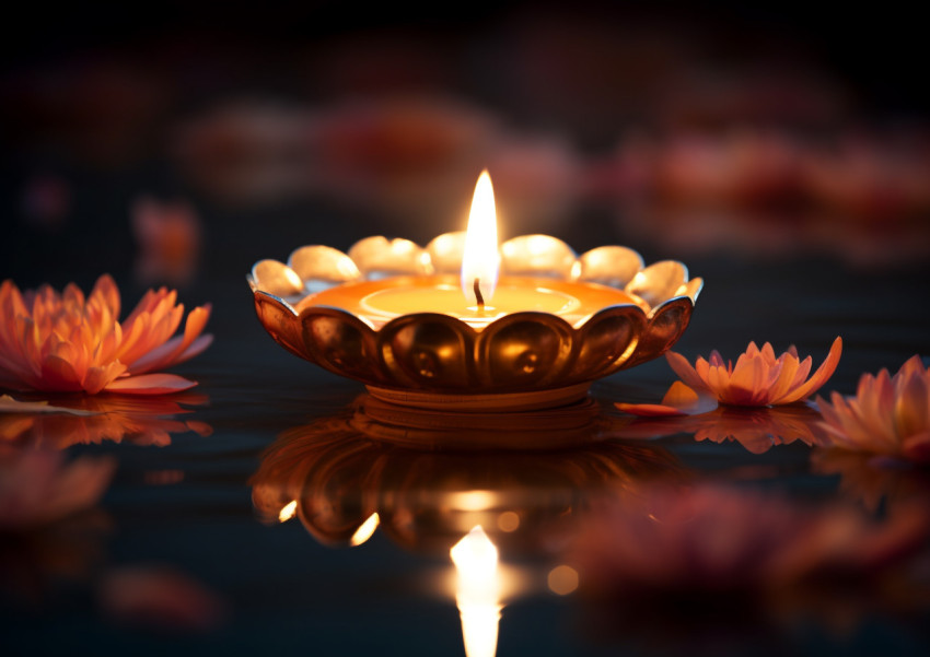 Diyas on the water Diyas on the water, diwali festival stock image, diwali festival ai prompt