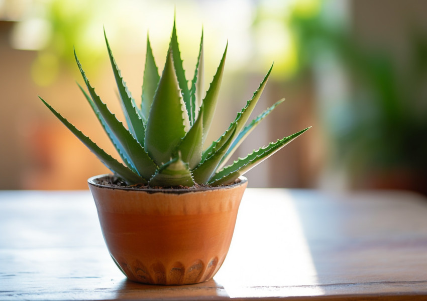 Potted aloe vera plant on wooden table Potted aloe vera plant on wooden table, alovera leaf image