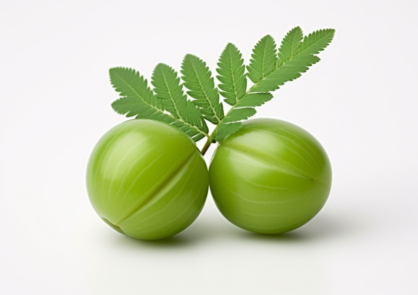 Two green amla on a white background with leaves Two green amla on a white background with leaves, gooseberry fruit image