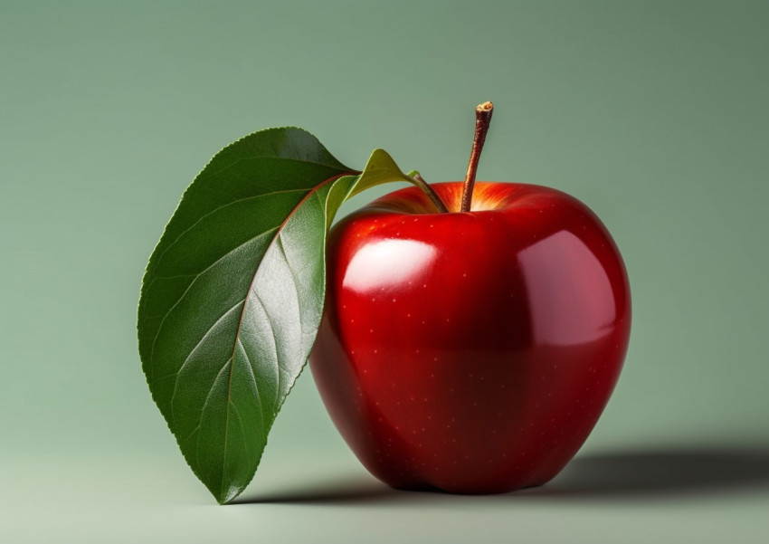 Ripe red apple with green leaves Ripe red apple with green leaves, apple fruit image hd