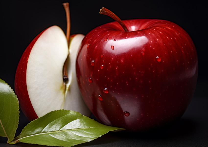 Red apple with slices and leafs Red apple with slices and leafs, apple fruit image hd