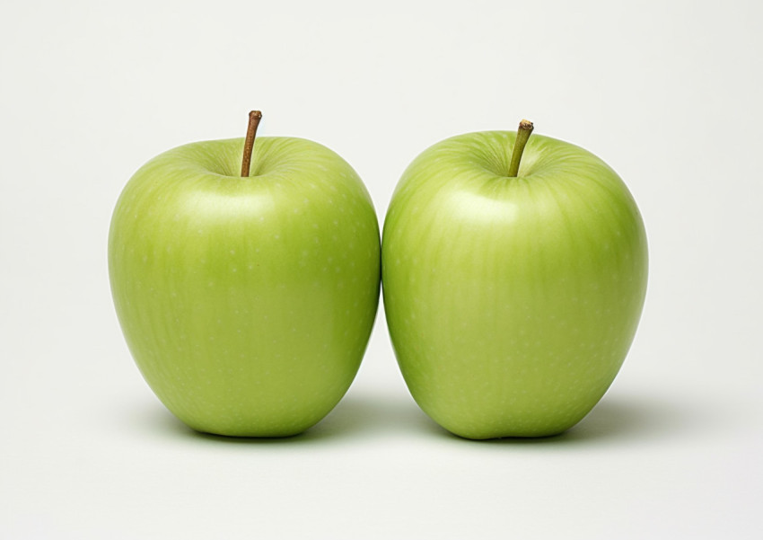 Two green apples with one cut in half and one on a white backgro Two green apples with one cut in half and one on a white background, apple fruit image hd