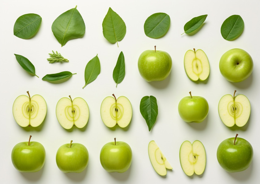 Green apple slices with leaves Green apple slices with leaves, apple fruit image hd