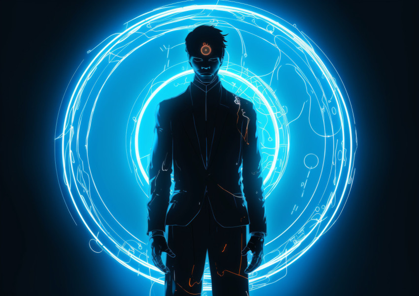 A man stands on a blue circle in front of a bright light