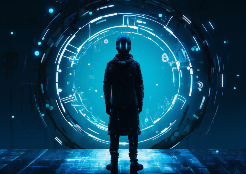 A man stands on a blue circle in front of a bright light