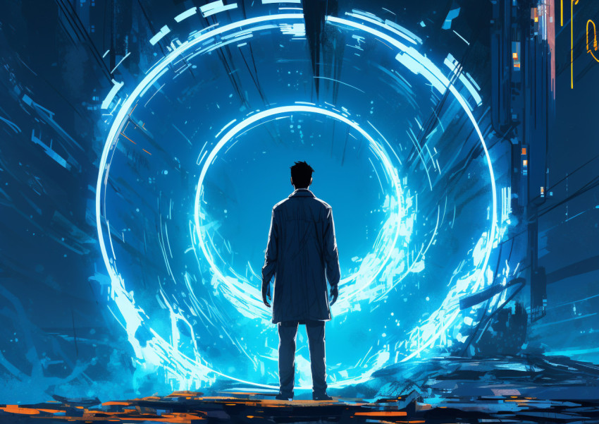 A man stands on a blue circle in front of a bright light A man stands on a blue circle in front of a bright light