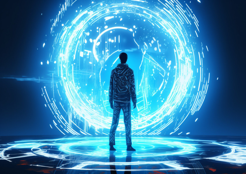 A man stands on a blue circle in front of a bright light A man stands on a blue circle in front of a bright light