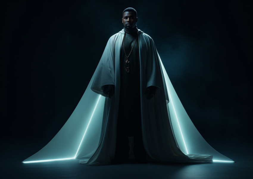 A dark-cloaked man stands in a dimly lit room