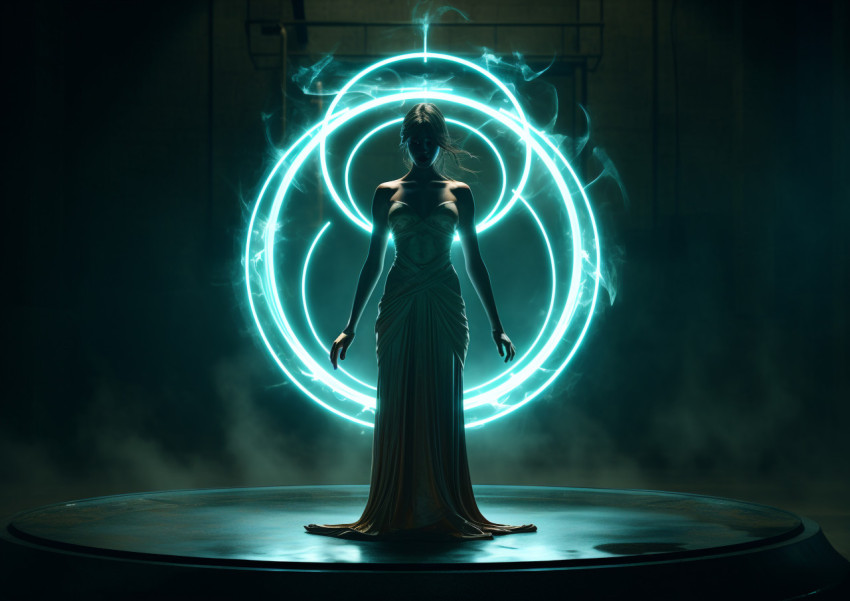 A three-dimensional image of a woman's outline, standing in a br A three-dimensional image of a woman's outline, standing in a br