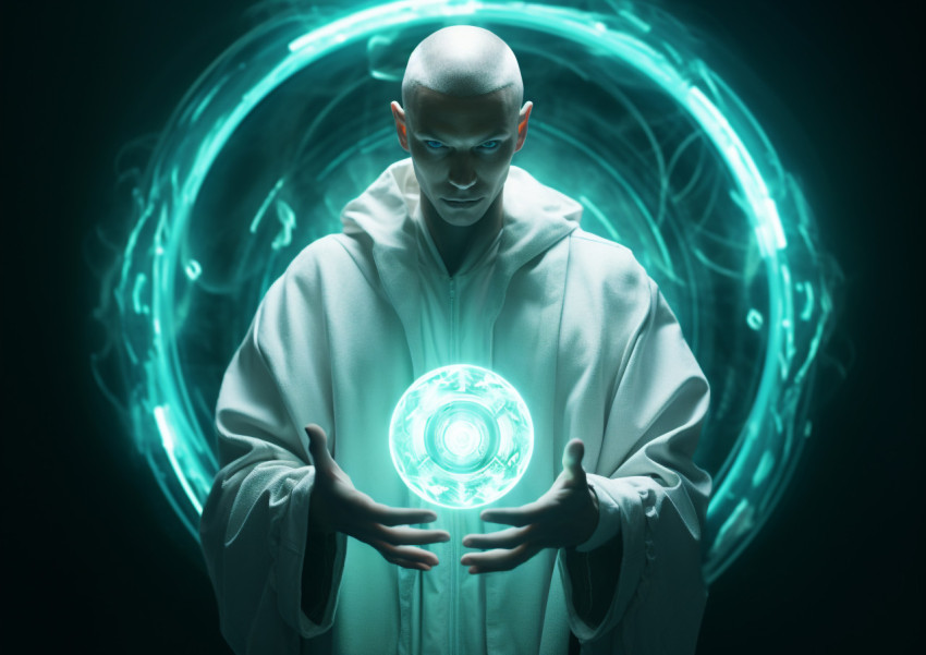 A man is standing with a bright circle of light around his head