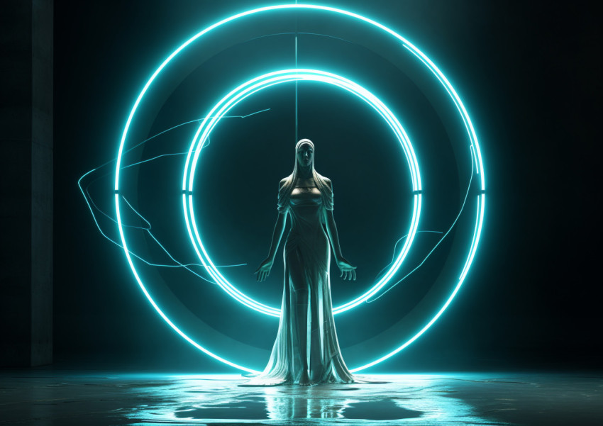 A three-dimensional image of a woman's outline, standing in a br A three-dimensional image of a woman's outline, standing in a br