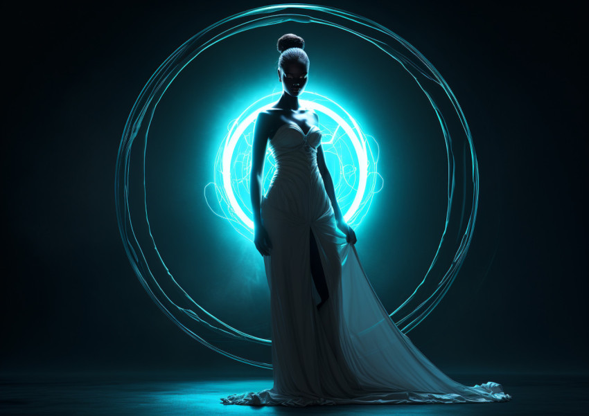 A three-dimensional image of a woman's outline, standing in a br A three-dimensional image of a woman's outline, standing in a br