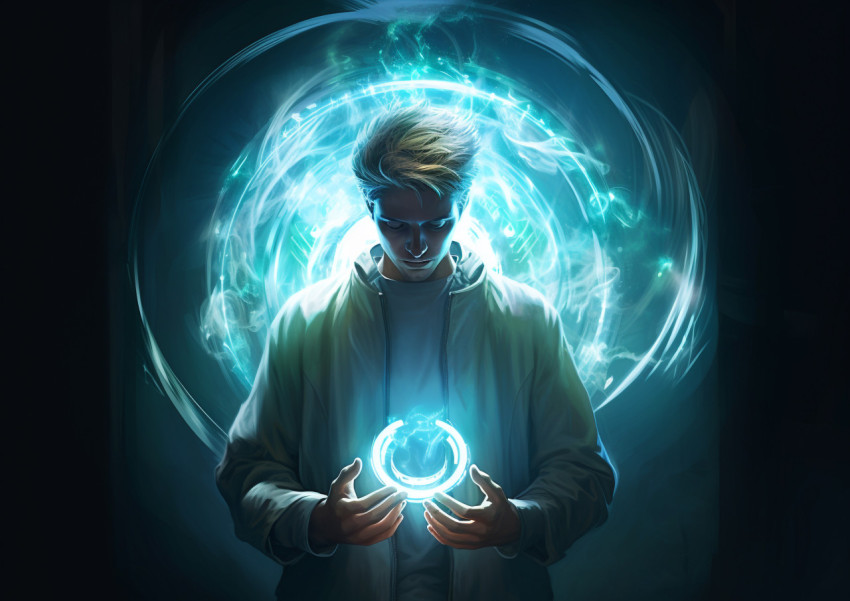 A man is standing with a bright circle of light around his head