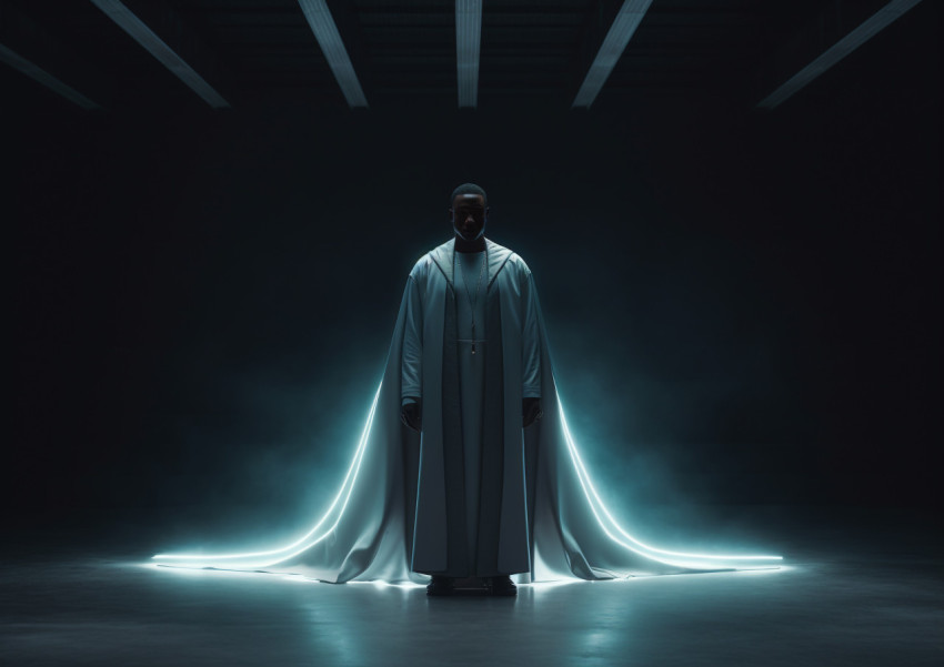 A dark-cloaked man stands in a dimly lit room