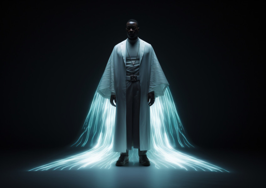 A dark-cloaked man stands in a dimly lit room