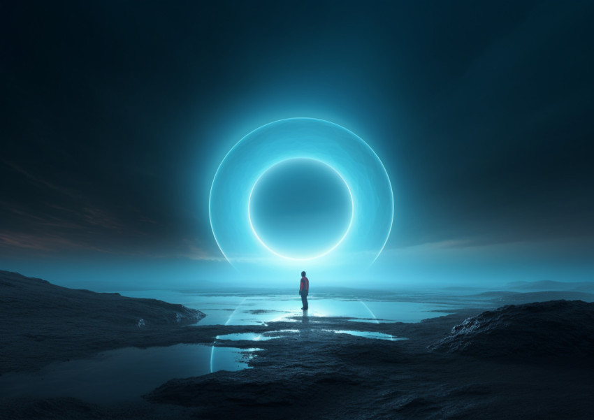A picture of a man standing on the moon, with a bright ring of l A picture of a man standing on the moon, with a bright ring of l