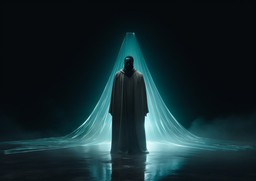 A dark-cloaked man stands in a dimly lit room