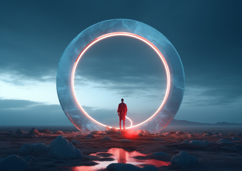 A picture of a man standing on the moon, with a bright ring of l A picture of a man standing on the moon, with a bright ring of l