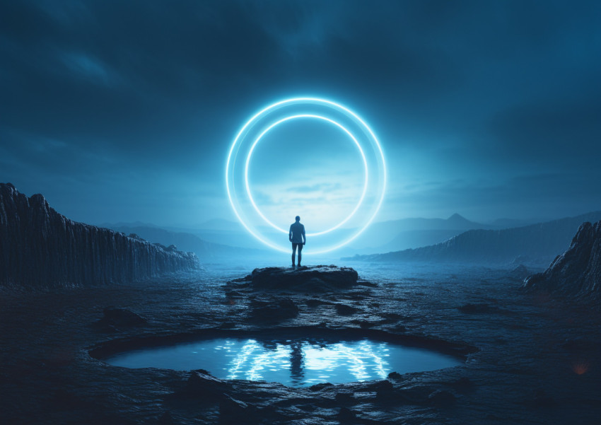 A picture of a man standing on the moon, with a bright ring of l A picture of a man standing on the moon, with a bright ring of l