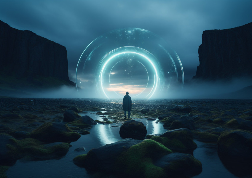 A man stands in a glowing ring, surrounded by rocks A man stands in a glowing ring, surrounded by rocks