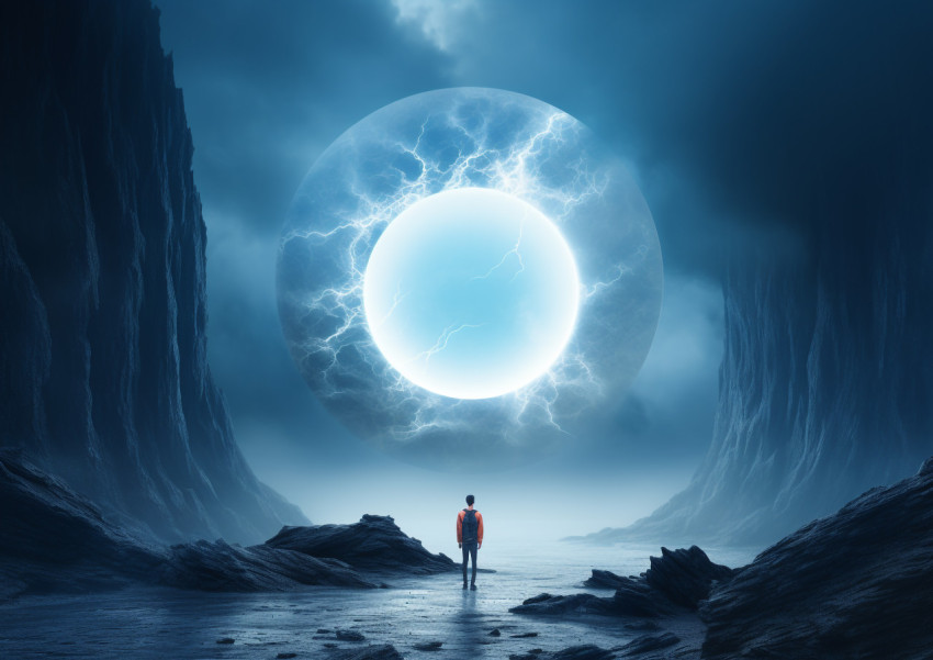 A picture of a man standing on the moon, with a bright ring of l A picture of a man standing on the moon, with a bright ring of l