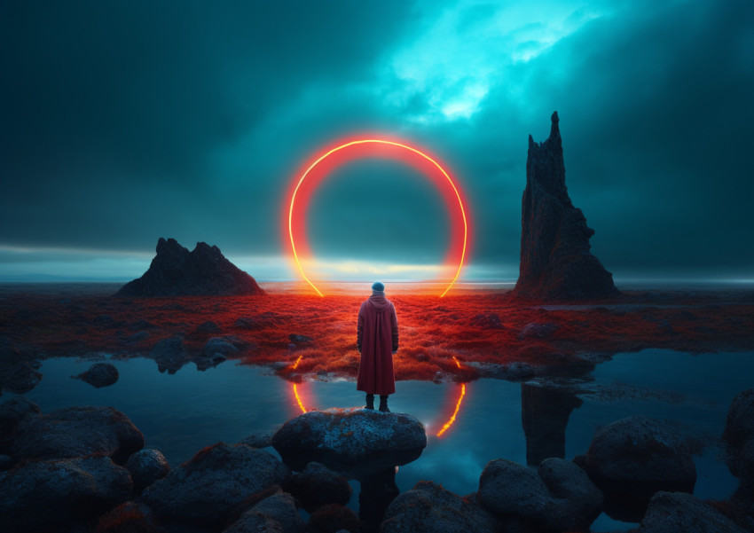 A man stands in a glowing ring, surrounded by rocks A man stands in a glowing ring, surrounded by rocks