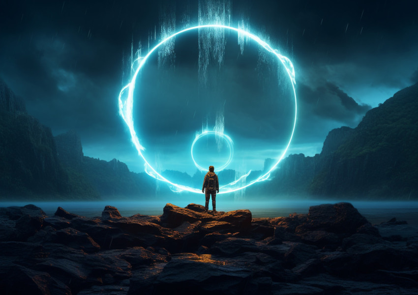 A man stands in a glowing ring, surrounded by rocks A man stands in a glowing ring, surrounded by rocks