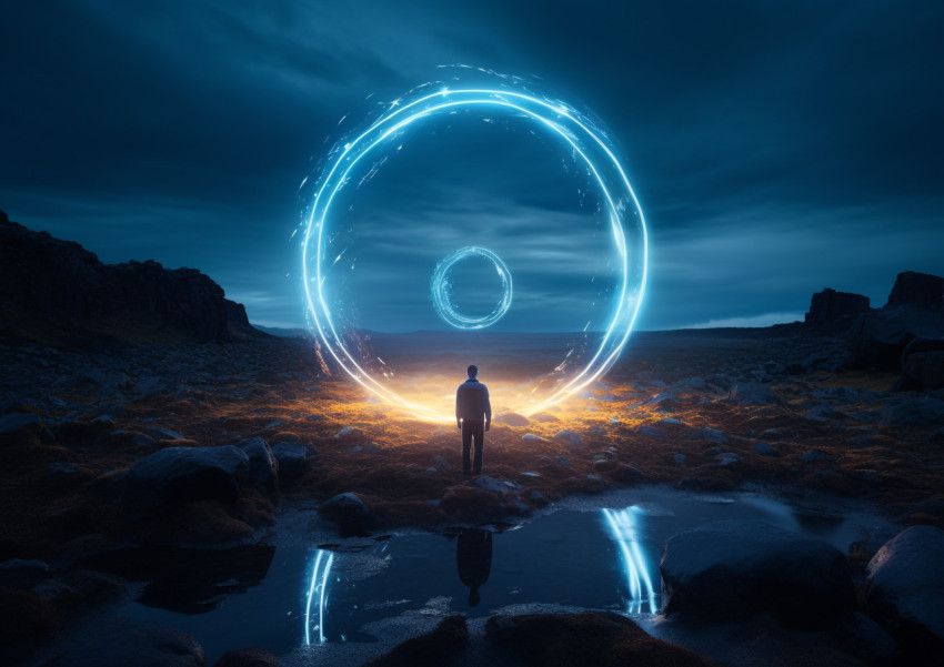 A man stands in a glowing ring, surrounded by rocks A man stands in a glowing ring, surrounded by rocks