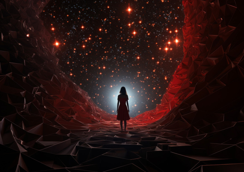 Video of a girl walking through a dark hole with a star