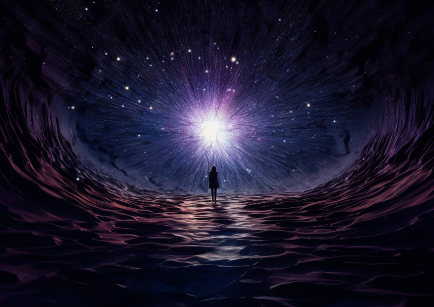 Video of a girl walking through a dark hole with a star