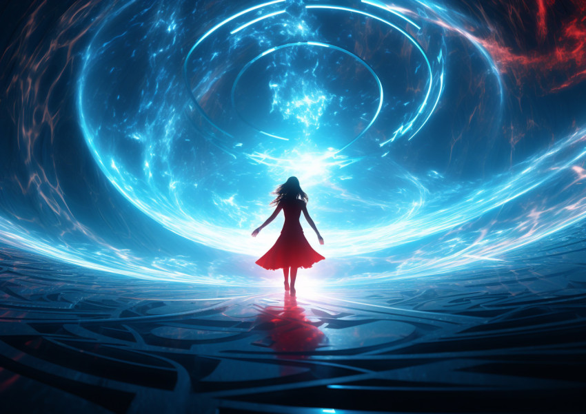 A picture of a woman standing inside a circle of light