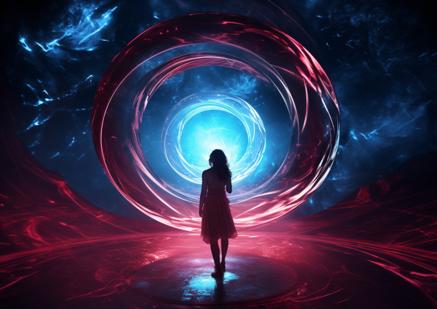 A picture of a woman standing inside a circle of light