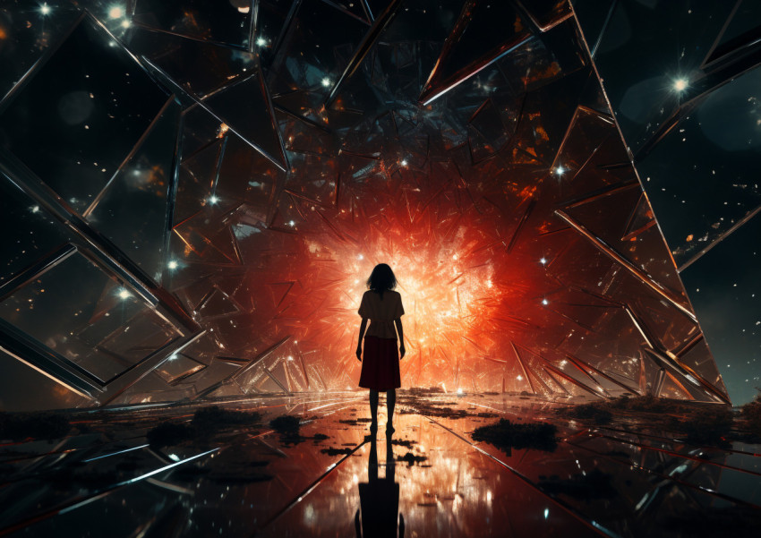 Video of a girl walking through a dark hole with a star