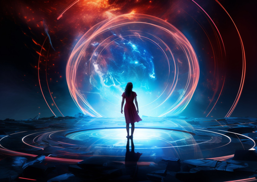 A picture of a woman standing inside a circle of light