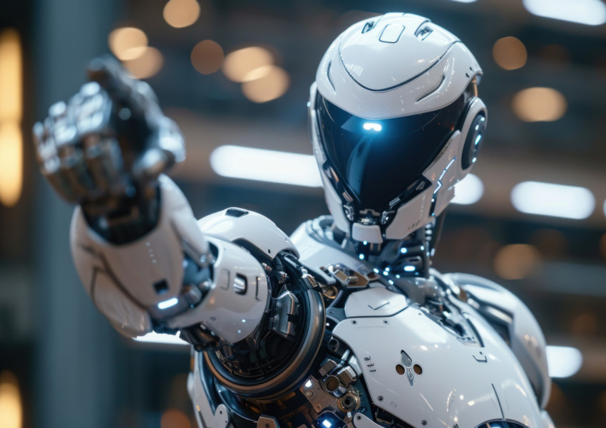 White robot points with its finger in a clear direction White robot points with its finger in a clear direction