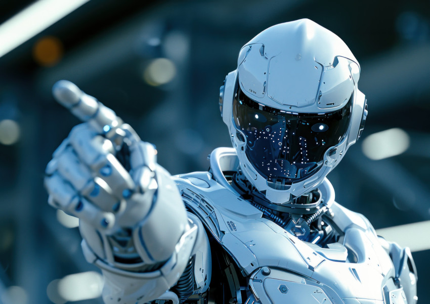 The white robot directs attention by pointing its finger The white robot directs attention by pointing its finger