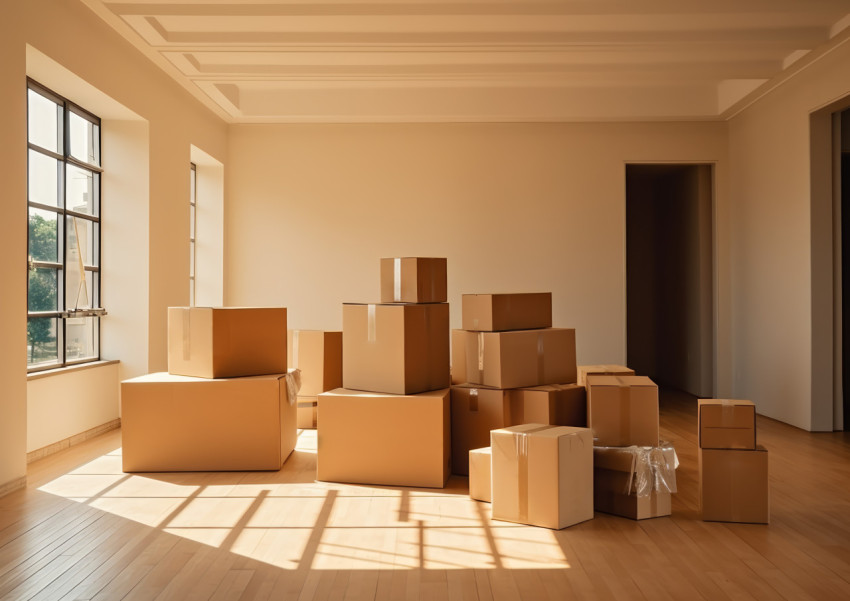 Room filled with boxes being relocated Room filled with boxes being relocated
